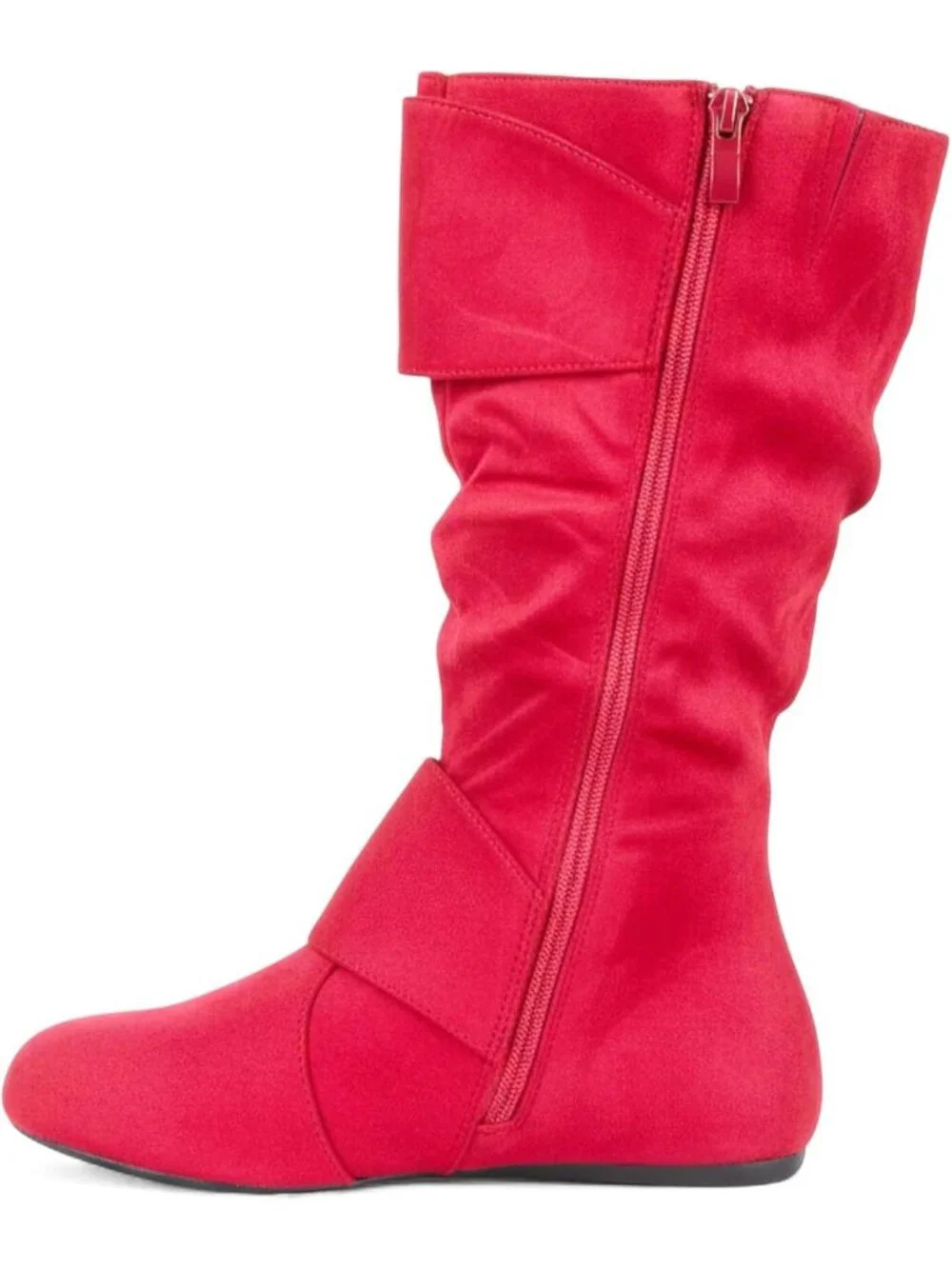 Women's Red Suede Comfortable Round Toe Buckle Side Zip  Mid-Calf Low Heel Boots